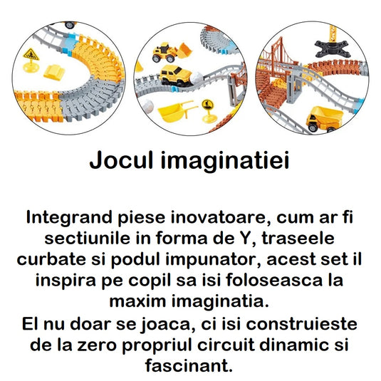 Set Pista Modulara FLEXIBILA 300 Cm MegaTrack™ 273 Piese, 1 Vehicul Electric, 3 Masini, Excavator, Basculanta, Buldozer, Macara, Poduri, Turn Suspendat, Indicatoare Rutiere, Accesorii Santier, Multicolor