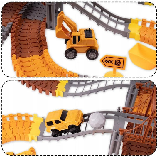 Set Pista Modulara FLEXIBILA 300 Cm MegaTrack™ 273 Piese, 1 Vehicul Electric, 3 Masini, Excavator, Basculanta, Buldozer, Macara, Poduri, Turn Suspendat, Indicatoare Rutiere, Accesorii Santier, Multicolor