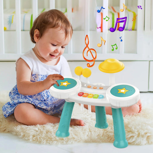 Masuta Muzicala Multifunctionala 2in1 SuperStar Indiggo® cu Pian si Tobe, Doua Bete Incluse, 5 Clape, Lumini LED, Volum Reglabil, 3 Butoane Functionale, Educativ si Interactiv, Vibrant Blue