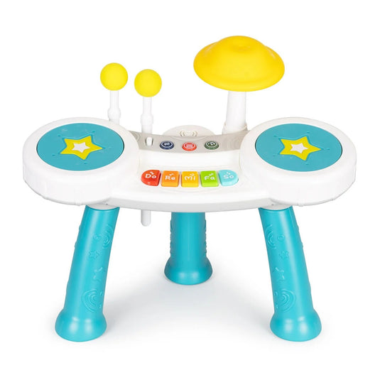 Masuta Muzicala Multifunctionala 2in1 SuperStar Indiggo® cu Pian si Tobe, Doua Bete Incluse, 5 Clape, Lumini LED, Volum Reglabil, 3 Butoane Functionale, Educativ si Interactiv, Vibrant Blue