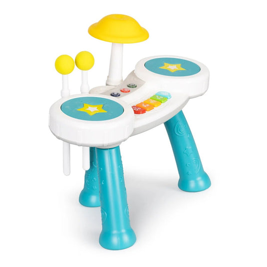 Masuta Muzicala Multifunctionala 2in1 SuperStar Indiggo® cu Pian si Tobe, Doua Bete Incluse, 5 Clape, Lumini LED, Volum Reglabil, 3 Butoane Functionale, Educativ si Interactiv, Vibrant Blue