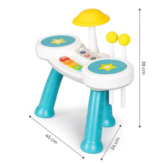 Masuta Muzicala Multifunctionala 2in1 SuperStar Indiggo® cu Pian si Tobe, Doua Bete Incluse, 5 Clape, Lumini LED, Volum Reglabil, 3 Butoane Functionale, Educativ si Interactiv, Vibrant Blue