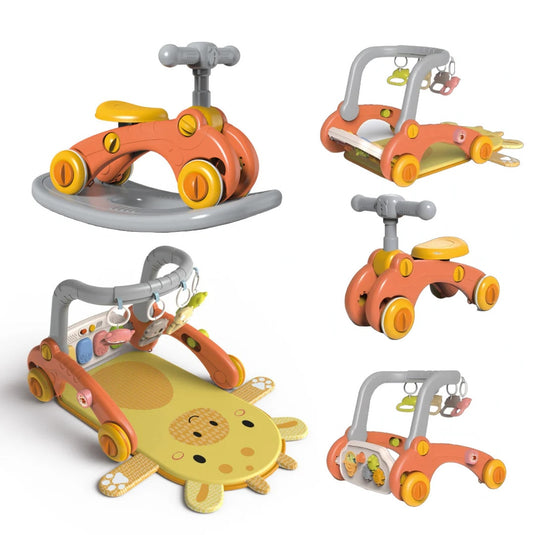 Centru de Activitati 7in1 Mix&Play™ Baby Activity System, Premergator, Salteluta, Balansoar, Bicicleta si Placa de Echilibru, Pian Senzorial cu Muzica si Lumini, 4 Jucarii Detasabile, Saltea Moale si Material Respirabil, Giraffe Orange