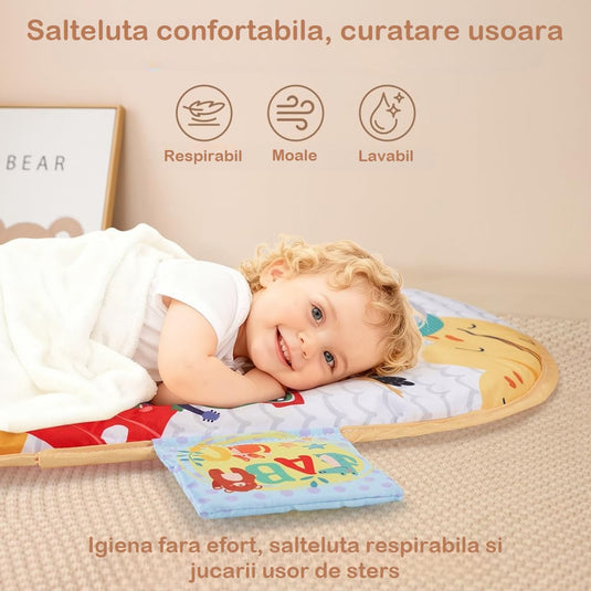 Centru de Activitati 7in1 Mix&Play™ Baby Activity System, Premergator, Salteluta, Balansoar, Bicicleta si Placa de Echilibru, Pian Senzorial cu Muzica si Lumini, 4 Jucarii Detasabile, Saltea Moale si Material Respirabil, Giraffe Orange