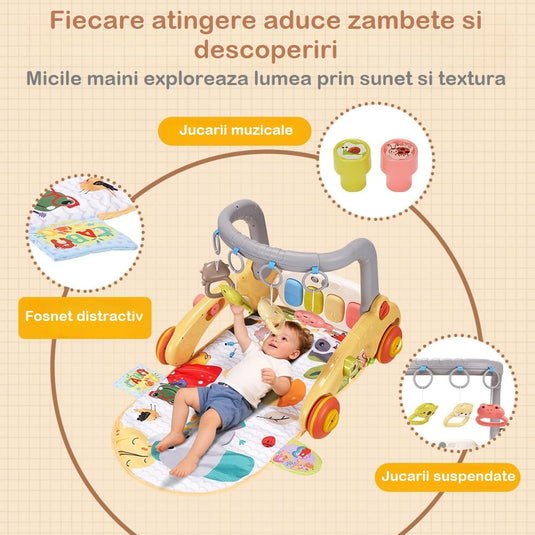 Centru de Activitati 7in1 Mix&Play™ Baby Activity System, Premergator, Salteluta, Balansoar, Bicicleta si Placa de Echilibru, Pian Senzorial cu Muzica si Lumini, 4 Jucarii Detasabile, Saltea Moale si Material Respirabil, Giraffe Orange