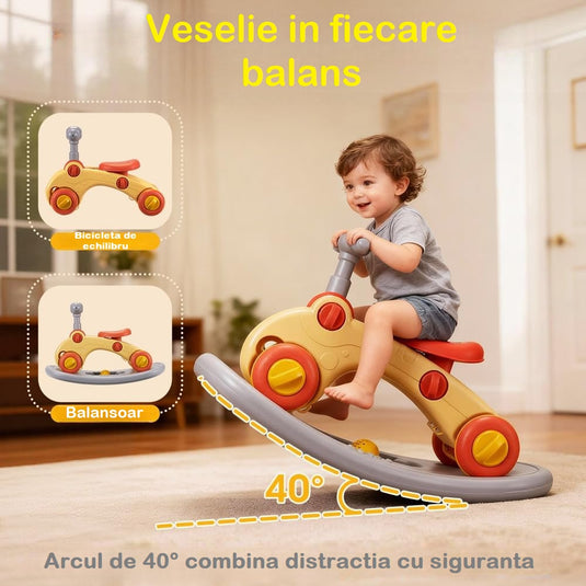 Centru de Activitati 7in1 Mix&Play™ Baby Activity System, Premergator, Salteluta, Balansoar, Bicicleta si Placa de Echilibru, Pian Senzorial cu Muzica si Lumini, 4 Jucarii Detasabile, Saltea Moale si Material Respirabil, Giraffe Orange