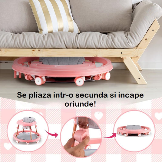 Premergator Multifunctional 3in1 VibeZilla® Scaun de Masa si Jumper, Panou Detasabil Muzical cu Jucarii, Inaltime Reglabila, Pliabil, Perna Moale si Respirabila, Roti Silentioase 360°, Suport Picioare, Design Ranforsat, Anti-Rasturnare, Pink