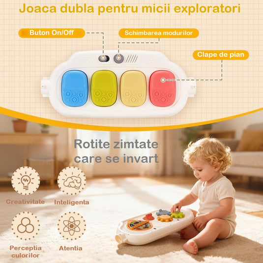 Centru de Activitati 7in1 Mix&Play™ Baby Activity System, Premergator, Salteluta, Balansoar, Bicicleta si Placa de Echilibru, Pian Senzorial cu Muzica si Lumini, 4 Jucarii Detasabile, Saltea Moale si Material Respirabil, Forest Party Pink