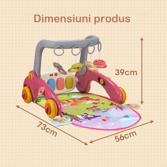 Centru de Activitati 7in1 Mix&Play™ Baby Activity System, Premergator, Salteluta, Balansoar, Bicicleta si Placa de Echilibru, Pian Senzorial cu Muzica si Lumini, 4 Jucarii Detasabile, Saltea Moale si Material Respirabil, Forest Party Pink