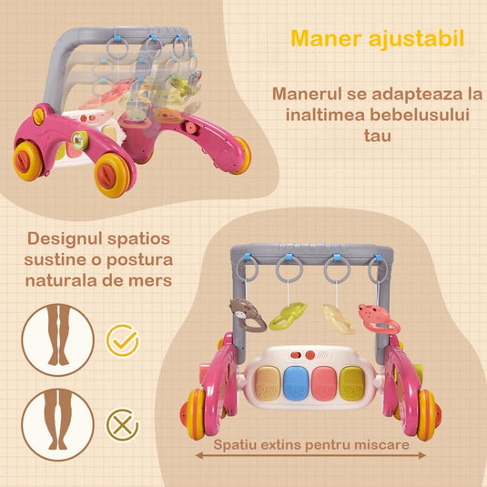 Centru de Activitati 7in1 Mix&Play™ Baby Activity System, Premergator, Salteluta, Balansoar, Bicicleta si Placa de Echilibru, Pian Senzorial cu Muzica si Lumini, 4 Jucarii Detasabile, Saltea Moale si Material Respirabil, Forest Party Pink