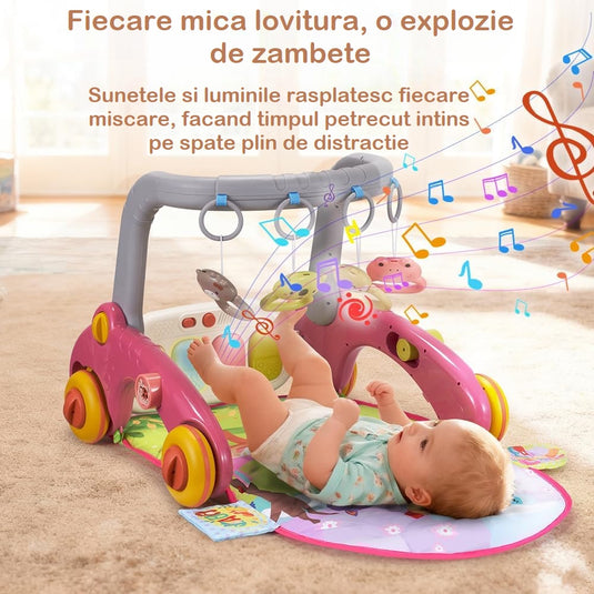 Centru de Activitati 7in1 Mix&Play™ Baby Activity System, Premergator, Salteluta, Balansoar, Bicicleta si Placa de Echilibru, Pian Senzorial cu Muzica si Lumini, 4 Jucarii Detasabile, Saltea Moale si Material Respirabil, Forest Party Pink