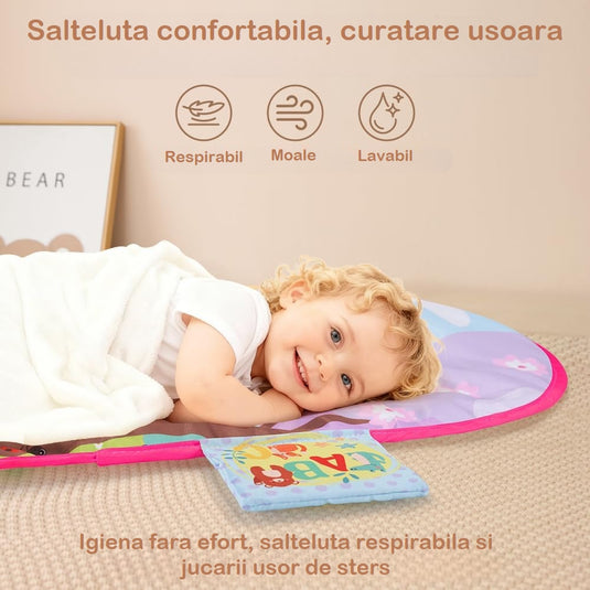 Centru de Activitati 7in1 Mix&Play™ Baby Activity System, Premergator, Salteluta, Balansoar, Bicicleta si Placa de Echilibru, Pian Senzorial cu Muzica si Lumini, 4 Jucarii Detasabile, Saltea Moale si Material Respirabil, Forest Party Pink