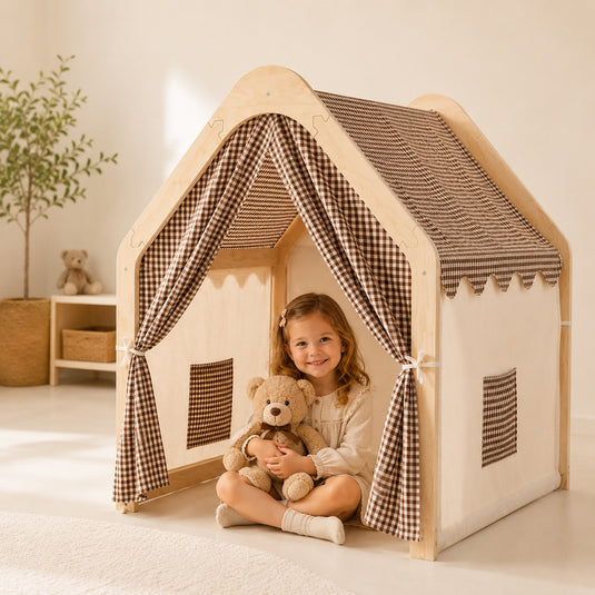 Cort pentru Copii din Lemn Natural Houzy™ Story, Casuta pentru Joaca si Relaxare Interior si Exterior, Structura Solida din Lemn, Panza Respirabila, Buzunar pentru Depozitare, Margini Rotunjite, Design Montessori, 109 x 90 x 100 Cm, Caramel Vibe