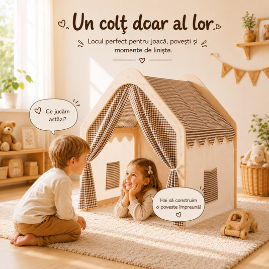 Cort pentru Copii din Lemn Natural Houzy™ Story, Casuta pentru Joaca si Relaxare Interior si Exterior, Structura Solida din Lemn, Panza Respirabila, Buzunar pentru Depozitare, Margini Rotunjite, Design Montessori, 109 x 90 x 100 Cm, Caramel Vibe