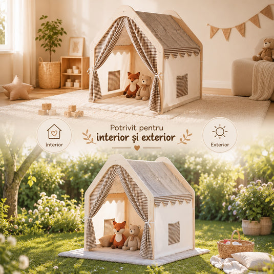 Cort pentru Copii din Lemn Natural Houzy™ Story, Casuta pentru Joaca si Relaxare Interior si Exterior, Structura Solida din Lemn, Panza Respirabila, Buzunar pentru Depozitare, Margini Rotunjite, Design Montessori, 109 x 90 x 100 Cm, Caramel Vibe