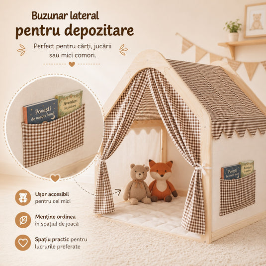 Cort pentru Copii din Lemn Natural Houzy™ Story, Casuta pentru Joaca si Relaxare Interior si Exterior, Structura Solida din Lemn, Panza Respirabila, Buzunar pentru Depozitare, Margini Rotunjite, Design Montessori, 109 x 90 x 100 Cm, Caramel Vibe