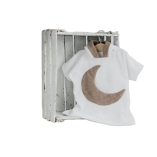 Halat de baie poncho cu gluga pentru copii - alb cu luna maro, handmade, 100% bumbac, 1- 4 ani