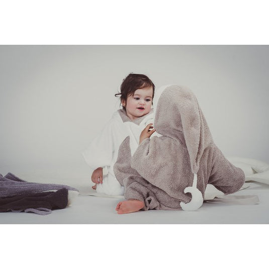 Halat de baie poncho cu gluga pentru copii - alb cu luna maro, handmade, 100% bumbac, 1- 4 ani