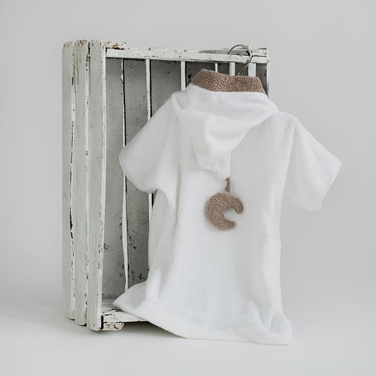 Halat de baie poncho cu gluga pentru copii - alb cu luna maro, handmade, 100% bumbac, 1- 4 ani
