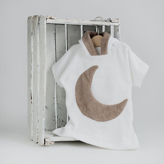 Halat de baie poncho cu gluga pentru copii - alb cu luna maro, handmade, 100% bumbac, 1- 4 ani