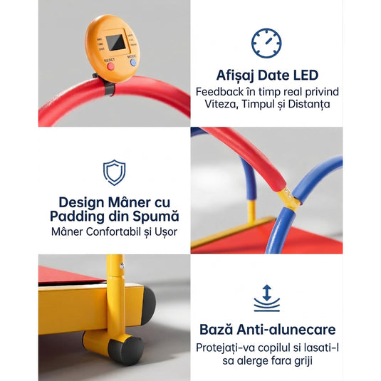 Banda de Alergare Copii MiniMotion™ Run, Sistem Auto-Propulsat, Ecran LED Viteza/Timp/Distanta, Ghidon Ergonomic cu Spuma SoftTouch, Platforma Antialunecare, Design Inclinat, Suprafata Protectie cu Model Interactiv, Capacitate 68Kg, MixPlay
