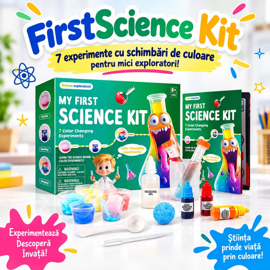 Kit de Experimente STEM 7in1 FirstScience Kit™ Reactii si Transformari de Culoare, Activitati Stiintifice cu Recipiente, Pipeta, Lingurita, Coloranti, Ulei, Bila Efervescenta, Ghid Ilustrat, Educational si Interactiv, 8+ Ani