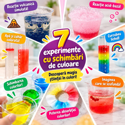 Kit de Experimente STEM 7in1 FirstScience Kit™ Reactii si Transformari de Culoare, Activitati Stiintifice cu Recipiente, Pipeta, Lingurita, Coloranti, Ulei, Bila Efervescenta, Ghid Ilustrat, Educational si Interactiv, 8+ Ani