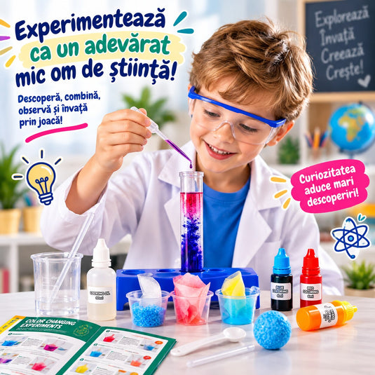 Kit de Experimente STEM 7in1 FirstScience Kit™ Reactii si Transformari de Culoare, Activitati Stiintifice cu Recipiente, Pipeta, Lingurita, Coloranti, Ulei, Bila Efervescenta, Ghid Ilustrat, Educational si Interactiv, 8+ Ani