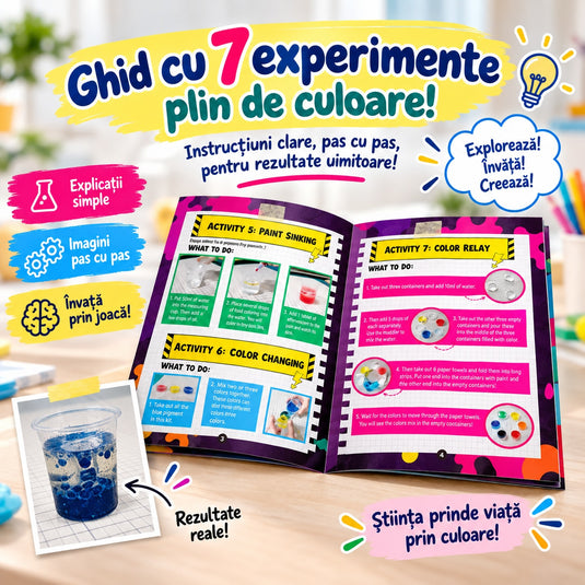 Kit de Experimente STEM 7in1 FirstScience Kit™ Reactii si Transformari de Culoare, Activitati Stiintifice cu Recipiente, Pipeta, Lingurita, Coloranti, Ulei, Bila Efervescenta, Ghid Ilustrat, Educational si Interactiv, 8+ Ani