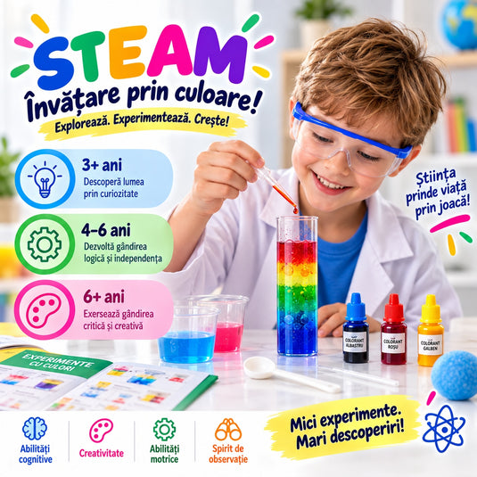 Kit de Experimente STEM 7in1 FirstScience Kit™ Reactii si Transformari de Culoare, Activitati Stiintifice cu Recipiente, Pipeta, Lingurita, Coloranti, Ulei, Bila Efervescenta, Ghid Ilustrat, Educational si Interactiv, 8+ Ani
