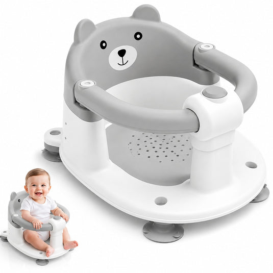 Scaun de Baie pentru Bebelusi TubbyCub™ Hug 360°, Brate Rabatabile cu Sistem de Blocare, 4 Ventuze Antiderapante, Sezut Ventilat cu Drenaj, Spatar Confortabil, Margini Rotunjite, Stabilitate Sporita, Baby Bear Grey