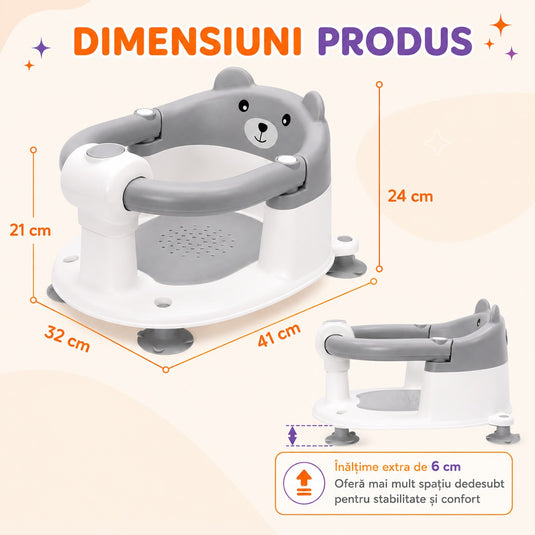 Scaun de Baie pentru Bebelusi TubbyCub™ Hug 360°, Brate Rabatabile cu Sistem de Blocare, 4 Ventuze Antiderapante, Sezut Ventilat cu Drenaj, Spatar Confortabil, Margini Rotunjite, Stabilitate Sporita, Baby Bear Grey