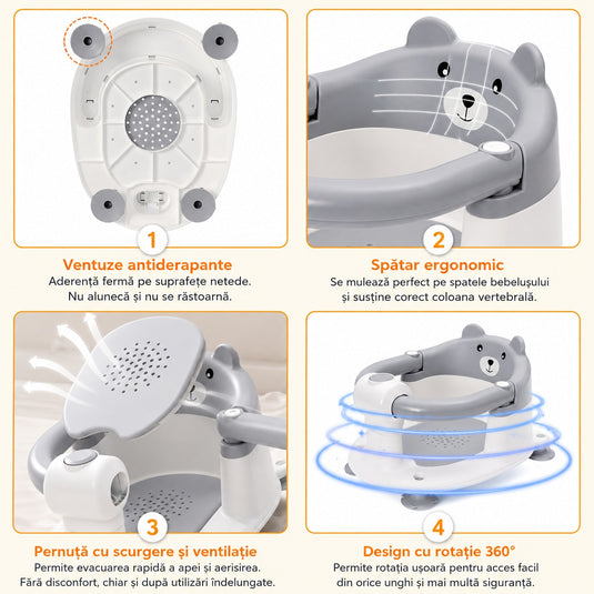 Scaun de Baie pentru Bebelusi TubbyCub™ Hug 360°, Brate Rabatabile cu Sistem de Blocare, 4 Ventuze Antiderapante, Sezut Ventilat cu Drenaj, Spatar Confortabil, Margini Rotunjite, Stabilitate Sporita, Baby Bear Grey
