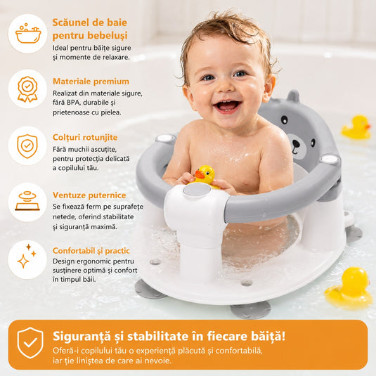 Scaun de Baie pentru Bebelusi TubbyCub™ Hug 360°, Brate Rabatabile cu Sistem de Blocare, 4 Ventuze Antiderapante, Sezut Ventilat cu Drenaj, Spatar Confortabil, Margini Rotunjite, Stabilitate Sporita, Baby Bear Grey