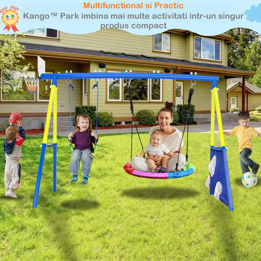 Set de Joaca 4in1 pentru Copii Kango™ Park Leagan Tip Cuib 100 Cm, Leagan Design U, Cos de Baschet, Porti de Fotbal, Doua Mingi Incluse, Pompa, Constructie Rezistenta din Otel, Prinderi Sigure, Blue/Yellow