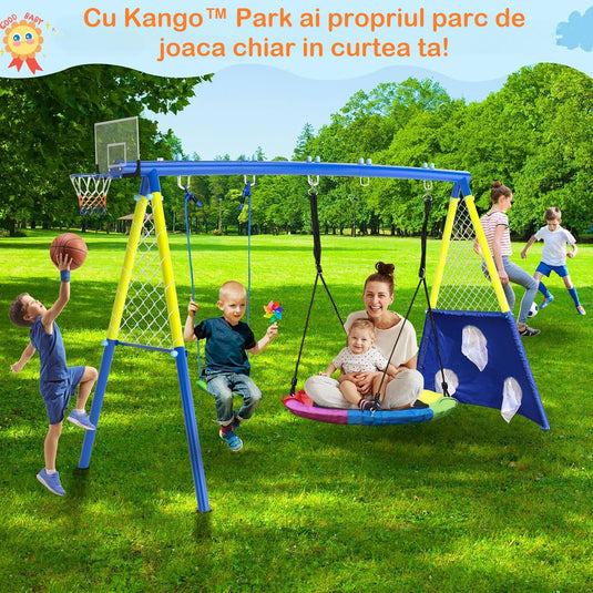 Set de Joaca 4in1 pentru Copii Kango™ Park Leagan Tip Cuib 100 Cm, Leagan Design U, Cos de Baschet, Porti de Fotbal, Doua Mingi Incluse, Pompa, Constructie Rezistenta din Otel, Prinderi Sigure, Blue/Yellow