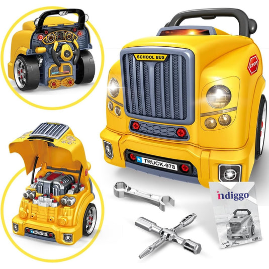 Set de Joaca 2in1 MiniMechanix™ Motor Interactiv Tip Service si Volan Functional, Lumini si Sunete Realiste, Atelier Auto cu Elemente Detasabile, Kit de Reparatii, Butoane Comenzi, Roti Deplasare, 59 Piese, Sistem Educativ STEM si Inginerie Auto, Yellow