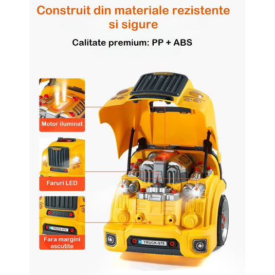 Set de Joaca 2in1 MiniMechanix™ Motor Interactiv Tip Service si Volan Functional, Lumini si Sunete Realiste, Atelier Auto cu Elemente Detasabile, Kit de Reparatii, Butoane Comenzi, Roti Deplasare, 59 Piese, Sistem Educativ STEM si Inginerie Auto, Yellow