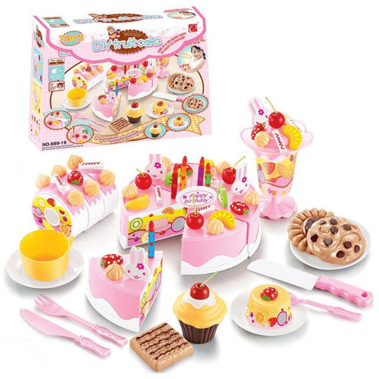 Set de joaca complet, TORT ANIVERSAR feliabil si prajituri, BIRTHDAY CAKE, 75 elemente, piese unite cu velcro, roz