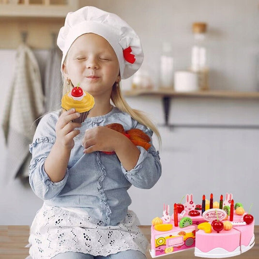 Set de joaca complet, TORT ANIVERSAR feliabil si prajituri, BIRTHDAY CAKE, 75 elemente, piese unite cu velcro, roz