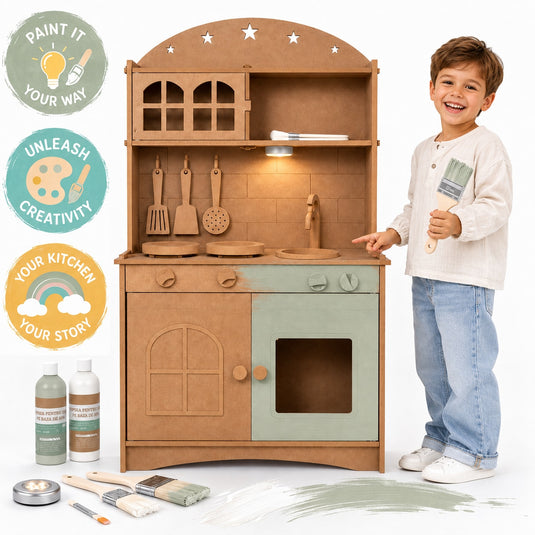 Bucatarie Creativa 2in1 din MDF pentru Copii LittleMakers™ Paint & Play, Set de Personalizare cu 2 Vopsele pe Baza de Apa, 3 Pensule, Lumina LED, Accesorii de Bucatarie, Spatii de Depozitare, Plita, Chiuveta, Joc de Rol, Green Story Collection