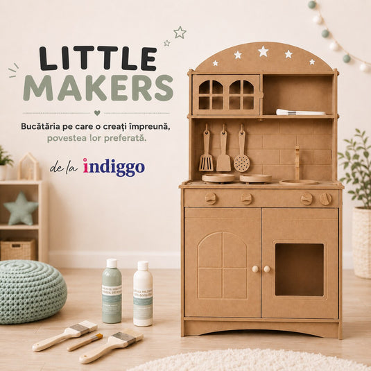 Bucatarie Creativa 2in1 din MDF pentru Copii LittleMakers™ Paint & Play, Set de Personalizare cu 2 Vopsele pe Baza de Apa, 3 Pensule, Lumina LED, Accesorii de Bucatarie, Spatii de Depozitare, Plita, Chiuveta, Joc de Rol, Green Story Collection
