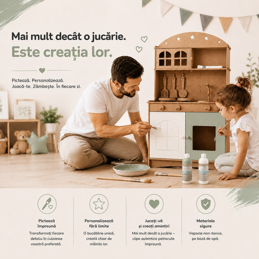 Bucatarie Creativa 2in1 din MDF pentru Copii LittleMakers™ Paint & Play, Set de Personalizare cu 2 Vopsele pe Baza de Apa, 3 Pensule, Lumina LED, Accesorii de Bucatarie, Spatii de Depozitare, Plita, Chiuveta, Joc de Rol, Green Story Collection