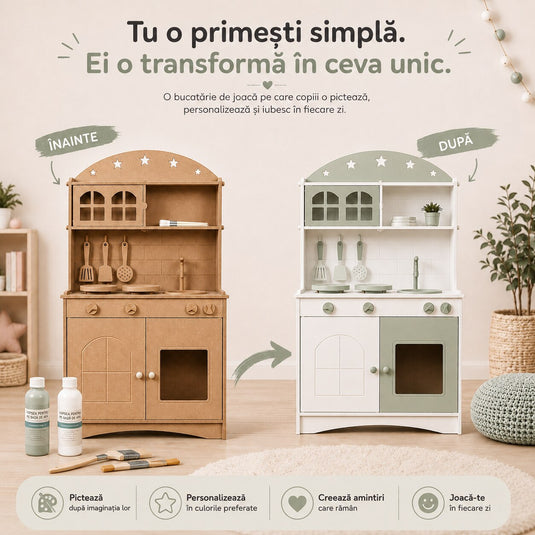Bucatarie Creativa 2in1 din MDF pentru Copii LittleMakers™ Paint & Play, Set de Personalizare cu 2 Vopsele pe Baza de Apa, 3 Pensule, Lumina LED, Accesorii de Bucatarie, Spatii de Depozitare, Plita, Chiuveta, Joc de Rol, Green Story Collection