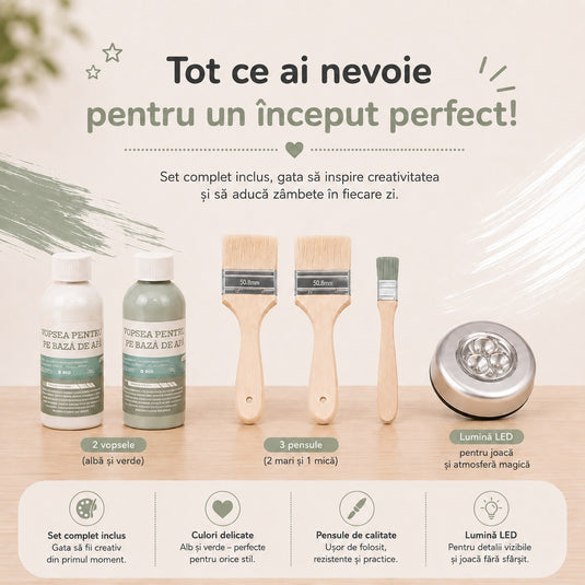 Bucatarie Creativa 2in1 din MDF pentru Copii LittleMakers™ Paint & Play, Set de Personalizare cu 2 Vopsele pe Baza de Apa, 3 Pensule, Lumina LED, Accesorii de Bucatarie, Spatii de Depozitare, Plita, Chiuveta, Joc de Rol, Green Story Collection