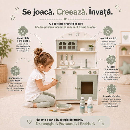 Bucatarie Creativa 2in1 din MDF pentru Copii LittleMakers™ Paint & Play, Set de Personalizare cu 2 Vopsele pe Baza de Apa, 3 Pensule, Lumina LED, Accesorii de Bucatarie, Spatii de Depozitare, Plita, Chiuveta, Joc de Rol, Green Story Collection