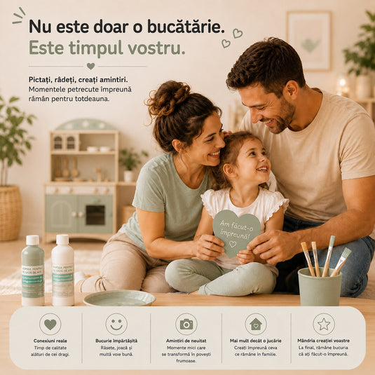 Bucatarie Creativa 2in1 din MDF pentru Copii LittleMakers™ Paint & Play, Set de Personalizare cu 2 Vopsele pe Baza de Apa, 3 Pensule, Lumina LED, Accesorii de Bucatarie, Spatii de Depozitare, Plita, Chiuveta, Joc de Rol, Green Story Collection