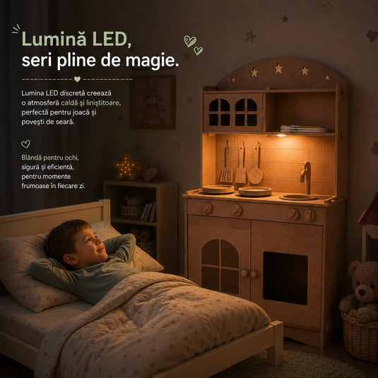 Bucatarie Creativa 2in1 din MDF pentru Copii LittleMakers™ Paint & Play, Set de Personalizare cu 2 Vopsele pe Baza de Apa, 3 Pensule, Lumina LED, Accesorii de Bucatarie, Spatii de Depozitare, Plita, Chiuveta, Joc de Rol, Green Story Collection