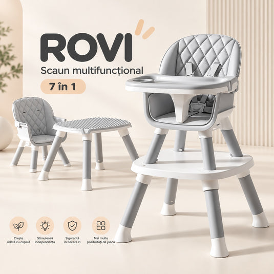 Scaun de Masa Bebe 7in1 ROVI™ MultiMod, Scaun Inalt, Booster, Scaun Jos, Masuta de Joaca, Activitati si Constructii, Tava Dubla cu 4 Pozitii, Centura de Siguranta, Design Anti-Rasturnare, Husa Moale Lavabila, 6 Luni-3 Ani, Muse Grey