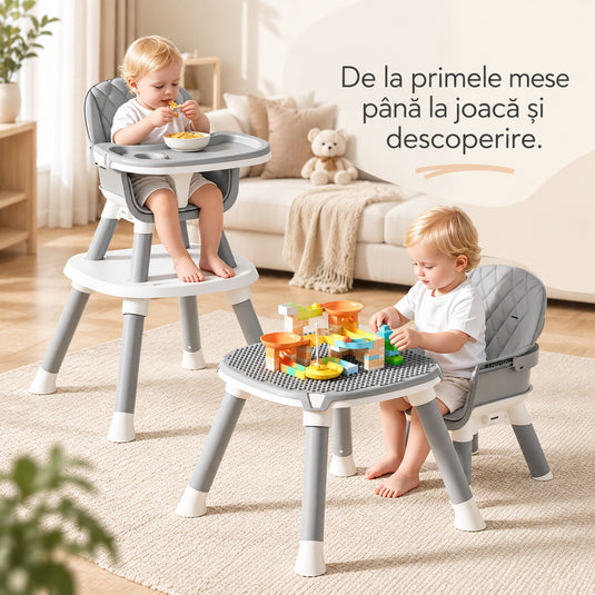 Scaun de Masa Bebe 7in1 ROVI™ MultiMod, Scaun Inalt, Booster, Scaun Jos, Masuta de Joaca, Activitati si Constructii, Tava Dubla cu 4 Pozitii, Centura de Siguranta, Design Anti-Rasturnare, Husa Moale Lavabila, 6 Luni-3 Ani, Muse Grey